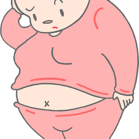 Clipart image of a fat woman stepping on some scales.
