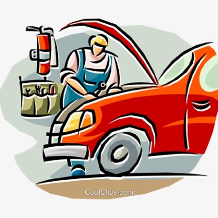 Jokey clipart image of a car, in a garage, with open bonnet, being repaired
