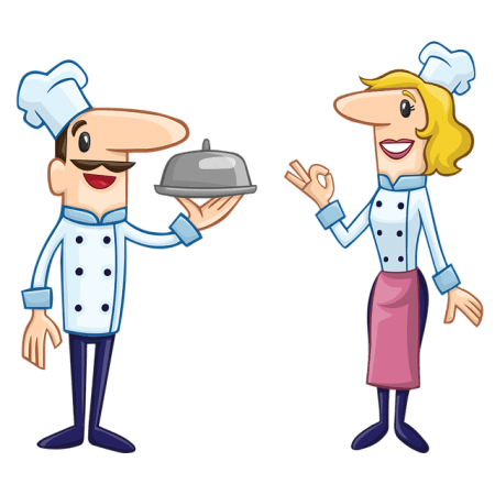 joket clipart of four chefs standing in a line, all of different appearance - short/fat, tall/skinny, male/female.