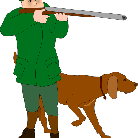 clipart showing a man taking aim with a shotgun, accompanied by a hunting dog