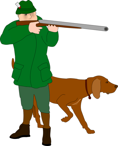 clipart showing a man taking aim with a shotgun, accompanied by a hunting dog