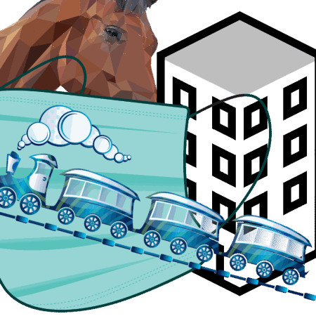 mixture of four images, all overlaying each other. Images are: a train, a high-rise block of flats, a medical mask, a horse.