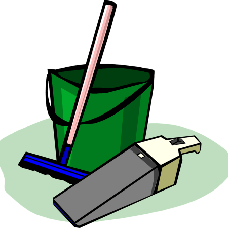 clipart showing cleaning implements. Brush, bucket, mini-vac