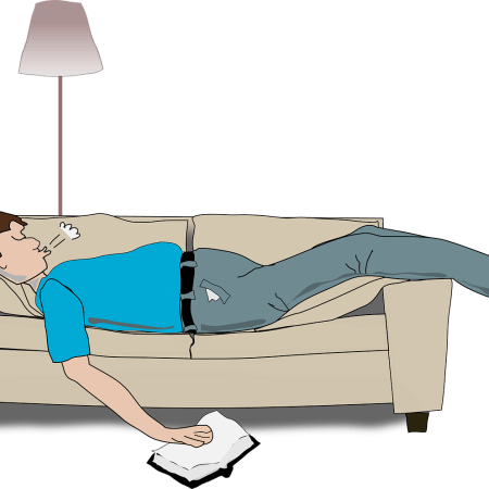 Clipart showing a man, crashed out, on a sofa.