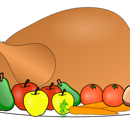 clipart image showing plate piled high with a whole turkey, and surrounded by various fruits.