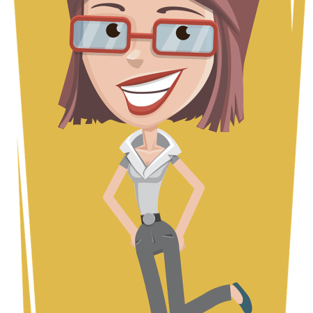 Jokey clipart of an intelligent-looking young woman.