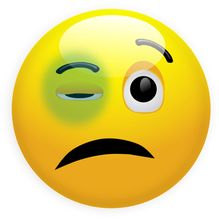 An emoji with a sad face and a black eye