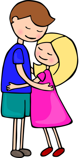 Clipart image of a couple, hugging. He is taller than her, but it's not possible to distinguish their ages