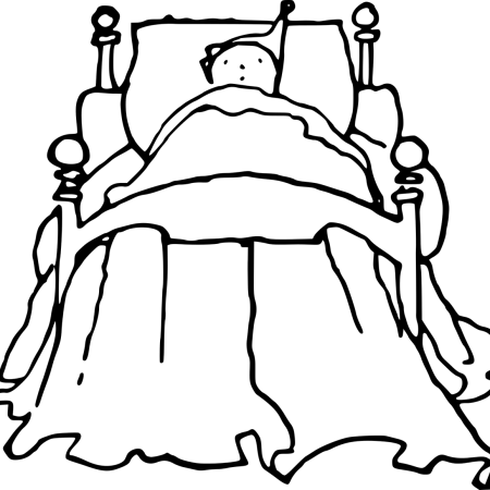 Clipart showing a person, could be man or woman, asleep in bed.