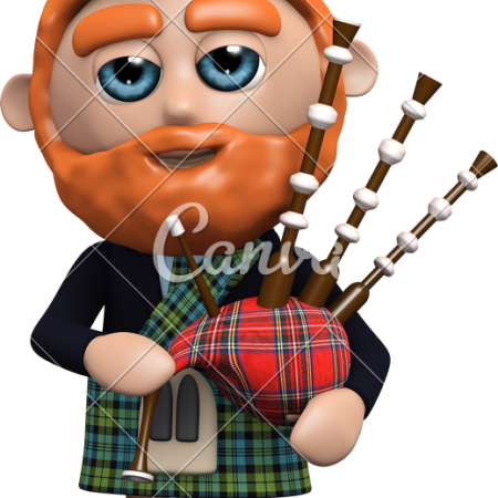 A stereotypical image of a Scotsman, in a kilt, playing bagpipes.