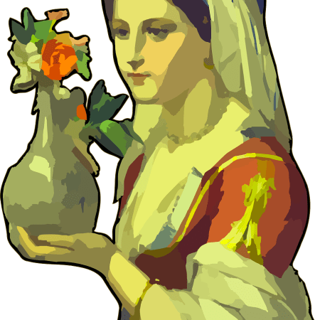 A woman holding a vase, which contains fresh flowers.