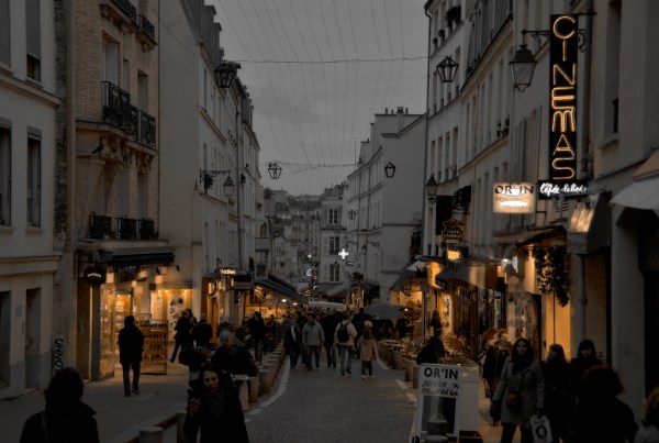 A photo of La Mouffe street market, in Paris, at dusk