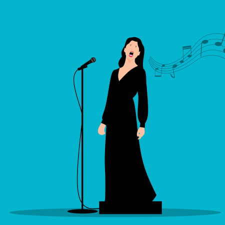 Clipart image of a woman, in evening dress, singing at a microphone.