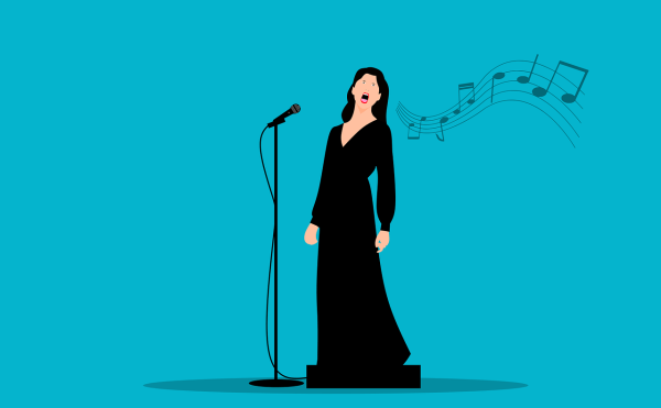 Clipart image of a woman, in evening dress, singing at a microphone.