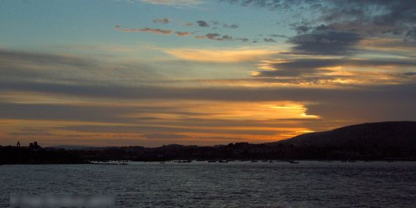 A photo of sunset at Studland, Dotsey, UK. The photo is taken from out in the bay, looking towards land.