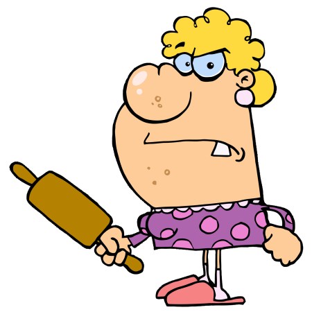 Clipart image of an angry wife, wielding a rolling pin