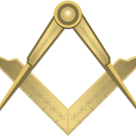 The traditional Freemason symbols of a set square and some compasses.