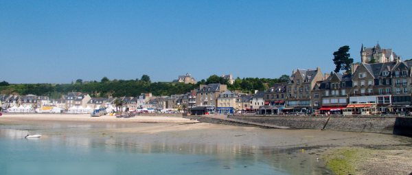 Photo of Cancale in Brittany, showing the tide out on an idyllic summer's day.