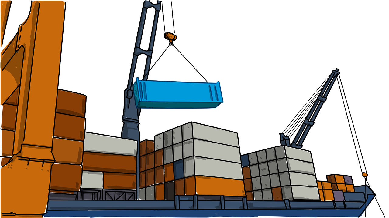 Clipart image of a crane lifting a container on/off a ship, at a port.