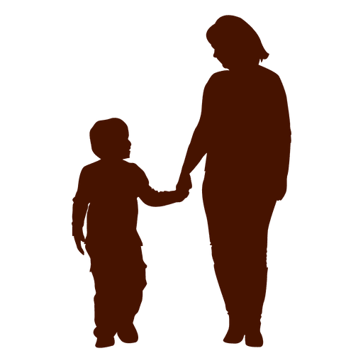 Silhouette image of a mother holding hands with her young son.